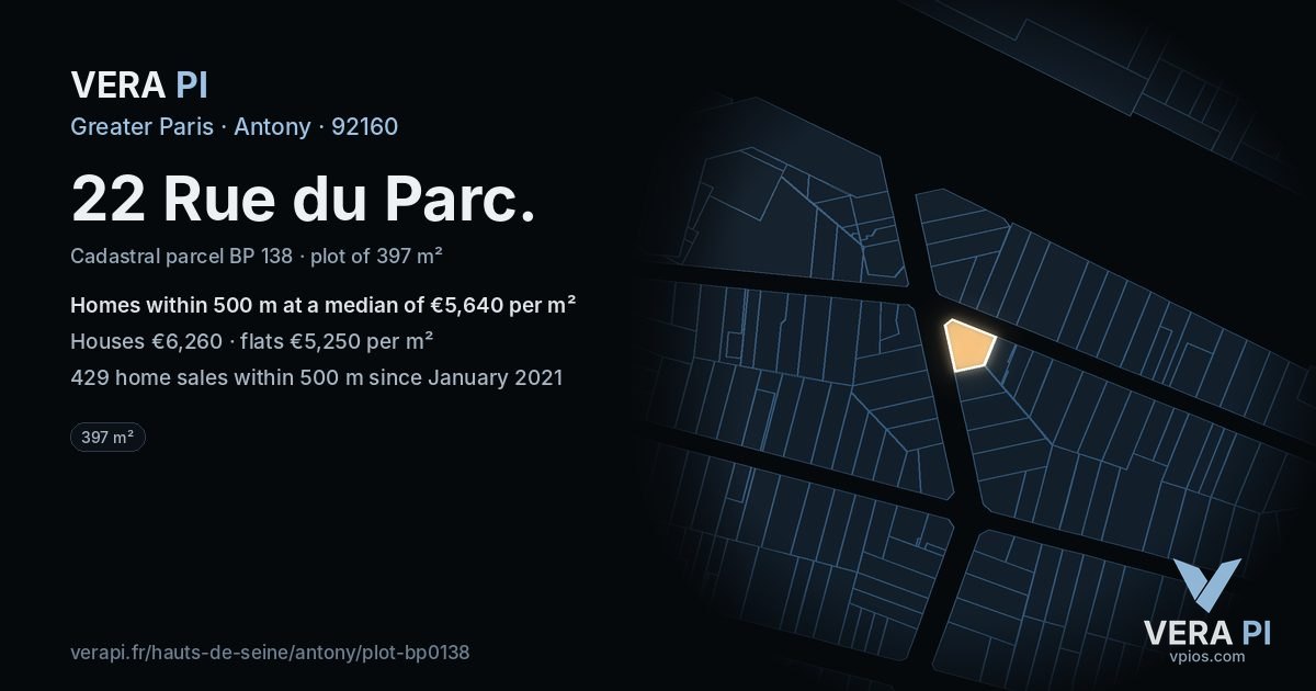 22 Rue du Parc, Antony at night – the plot lit, the parcels around coloured by the prices near them