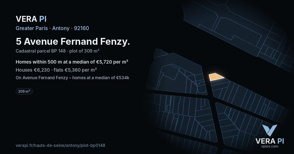 5 Avenue Fernand Fenzy, Antony at night – the plot lit, the parcels around coloured by the prices near them