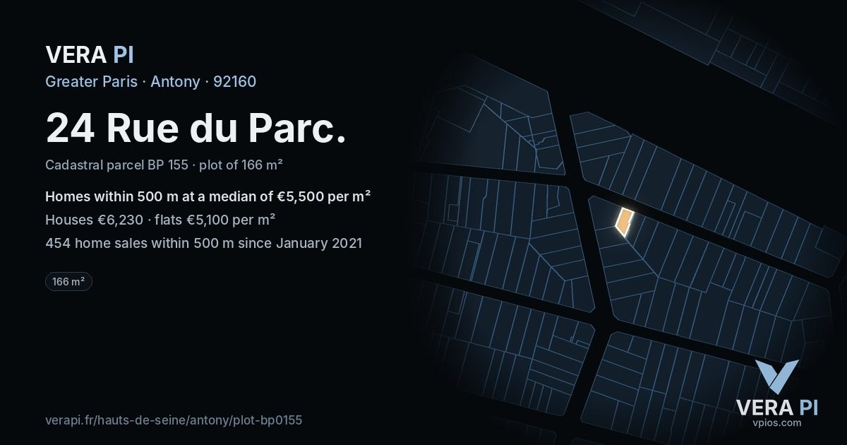24 Rue du Parc, Antony at night – the plot lit, the parcels around coloured by the prices near them