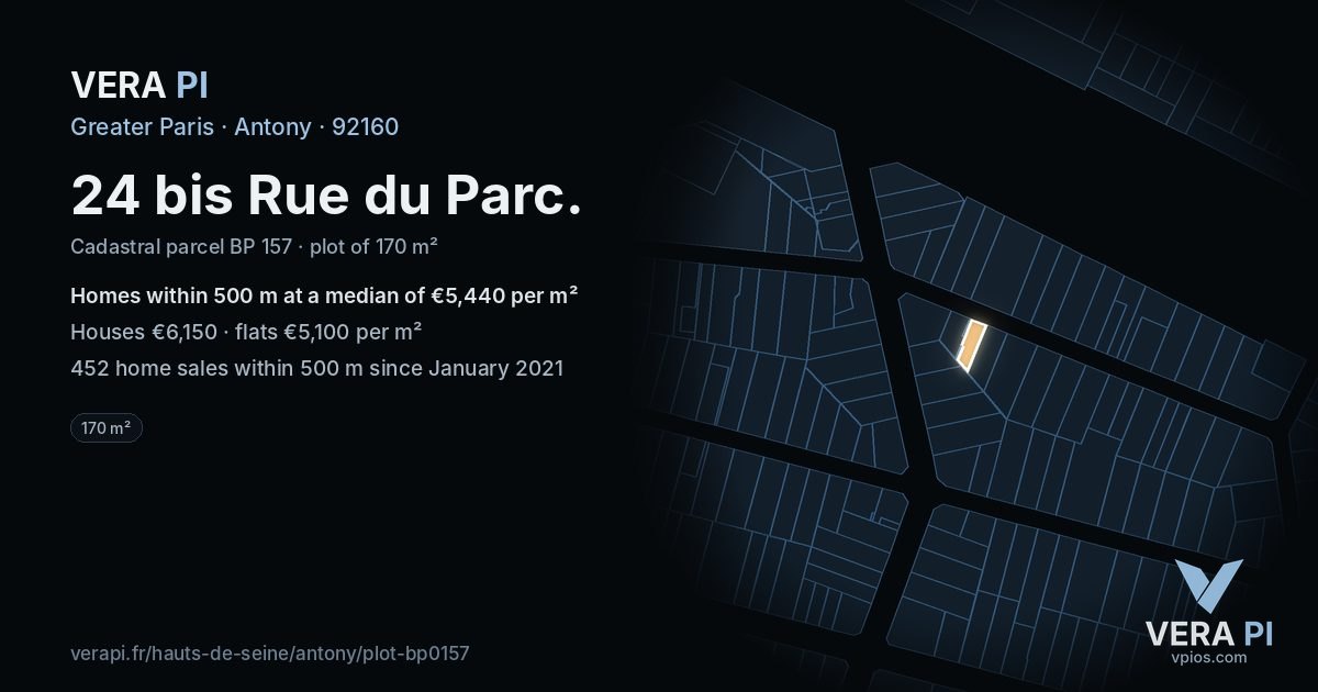 24 bis Rue du Parc, Antony at night – the plot lit, the parcels around coloured by the prices near them