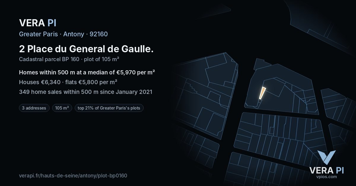 2 Place du General de Gaulle, Antony at night – the plot lit, the parcels around coloured by the prices near them