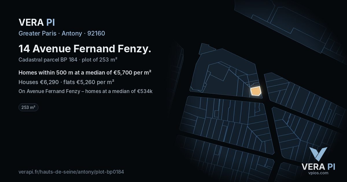 14 Avenue Fernand Fenzy, Antony at night – the plot lit, the parcels around coloured by the prices near them