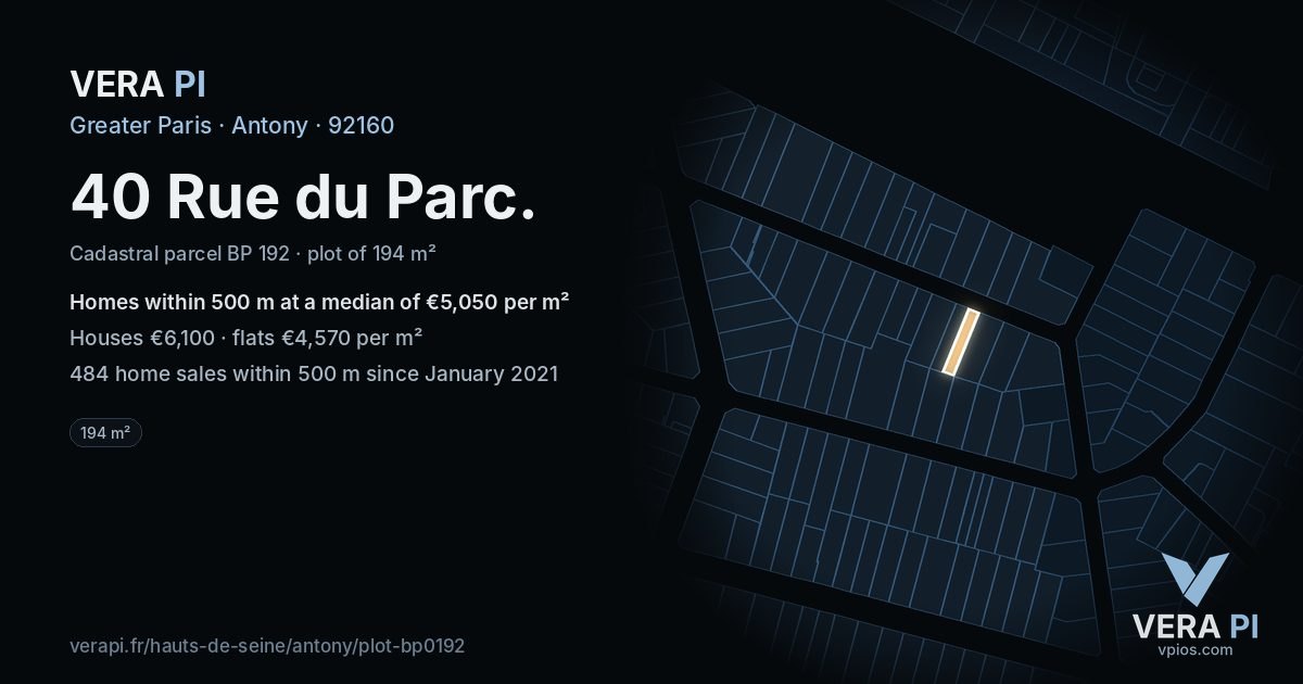 40 Rue du Parc, Antony at night – the plot lit, the parcels around coloured by the prices near them