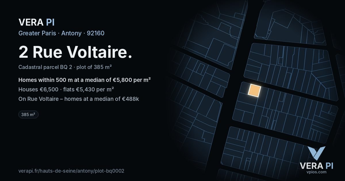2 Rue Voltaire, Antony at night – the plot lit, the parcels around coloured by the prices near them