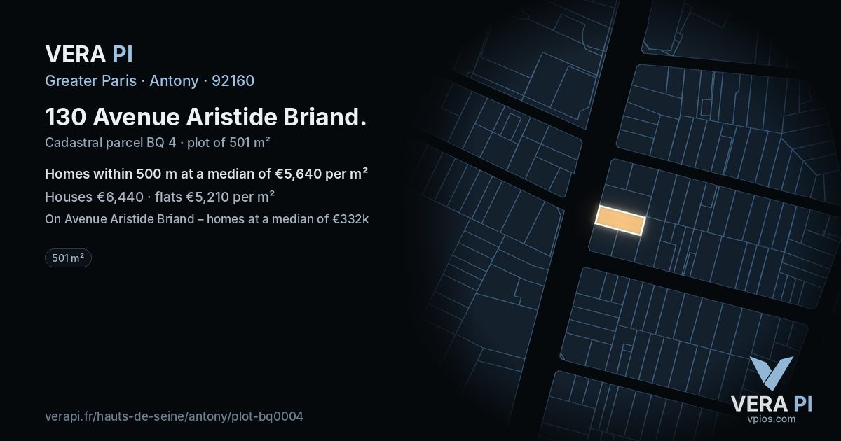 130 Avenue Aristide Briand, Antony at night – the plot lit, the parcels around coloured by the prices near them