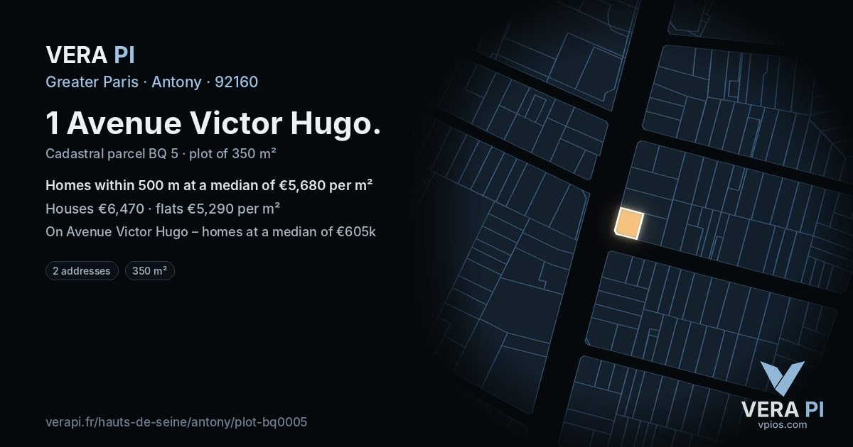 1 Avenue Victor Hugo, Antony at night – the plot lit, the parcels around coloured by the prices near them