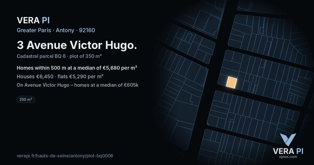 3 Avenue Victor Hugo, Antony at night – the plot lit, the parcels around coloured by the prices near them