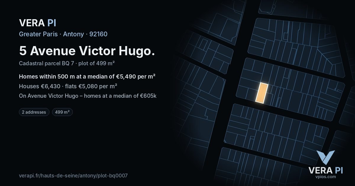 5 Avenue Victor Hugo, Antony at night – the plot lit, the parcels around coloured by the prices near them