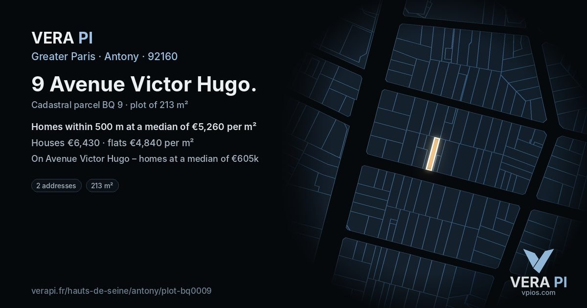 9 Avenue Victor Hugo, Antony at night – the plot lit, the parcels around coloured by the prices near them