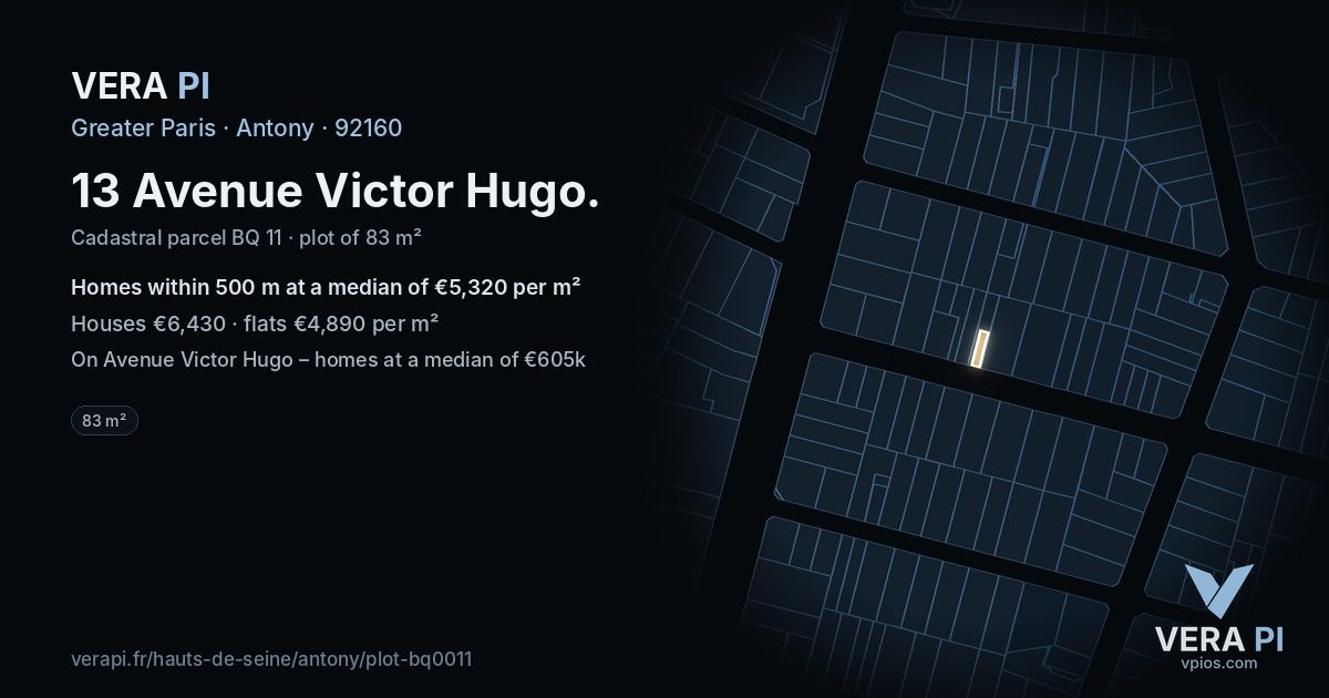 13 Avenue Victor Hugo, Antony at night – the plot lit, the parcels around coloured by the prices near them