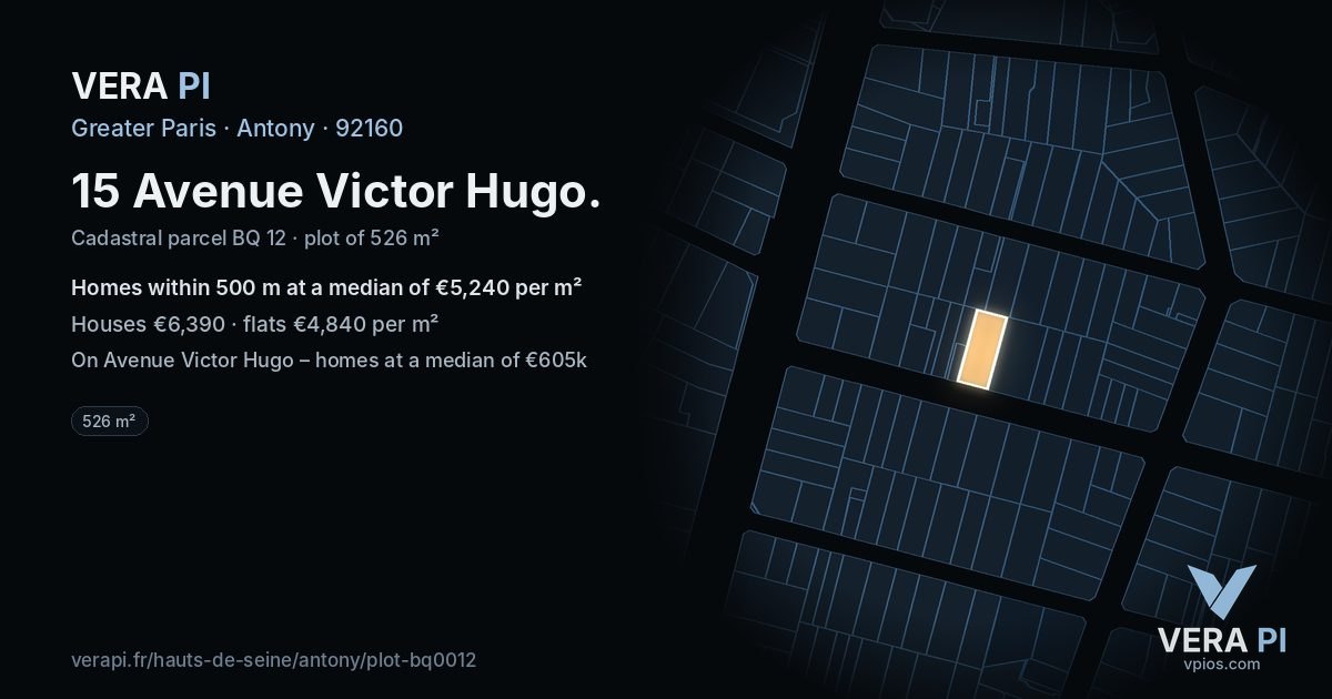 15 Avenue Victor Hugo, Antony at night – the plot lit, the parcels around coloured by the prices near them