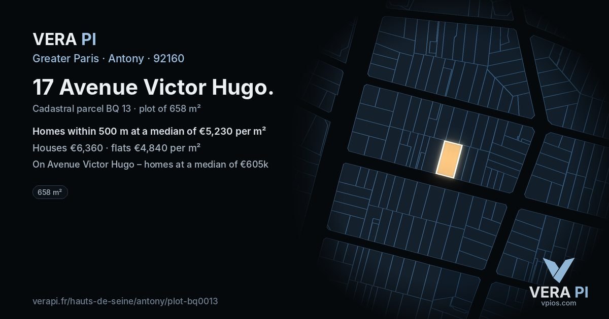 17 Avenue Victor Hugo, Antony at night – the plot lit, the parcels around coloured by the prices near them