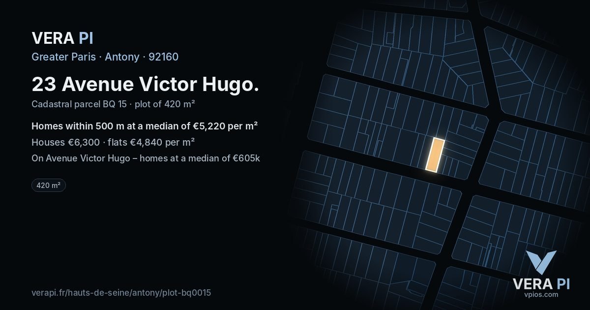 23 Avenue Victor Hugo, Antony at night – the plot lit, the parcels around coloured by the prices near them