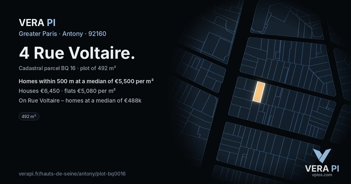4 Rue Voltaire, Antony at night – the plot lit, the parcels around coloured by the prices near them