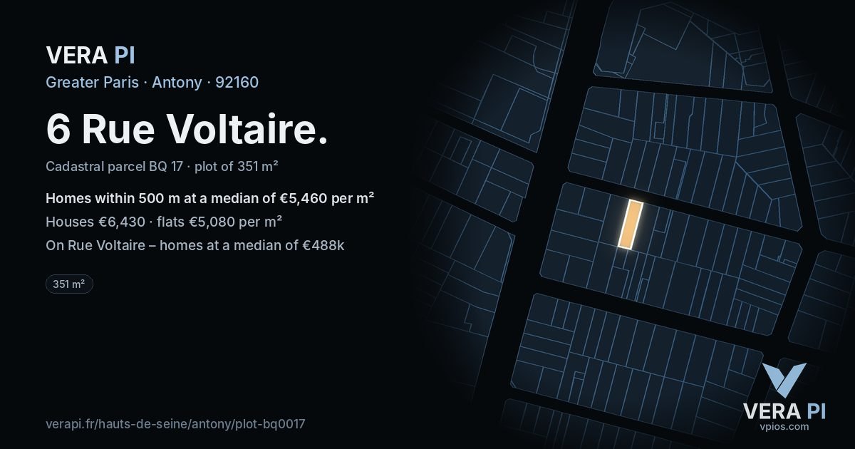 6 Rue Voltaire, Antony at night – the plot lit, the parcels around coloured by the prices near them