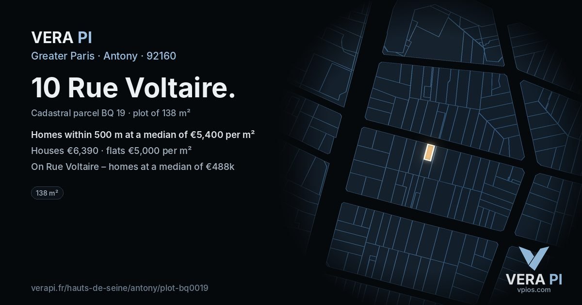 10 Rue Voltaire, Antony at night – the plot lit, the parcels around coloured by the prices near them