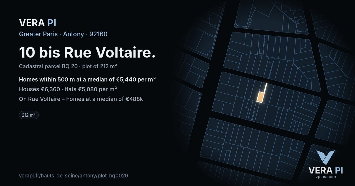 10 bis Rue Voltaire, Antony at night – the plot lit, the parcels around coloured by the prices near them