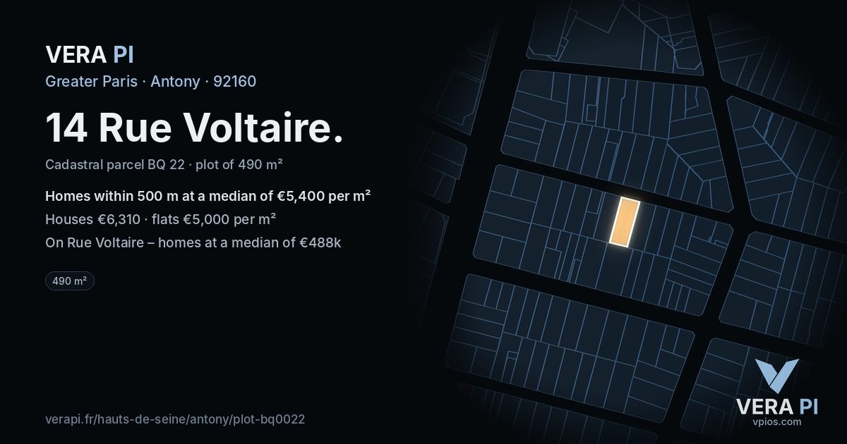 14 Rue Voltaire, Antony at night – the plot lit, the parcels around coloured by the prices near them