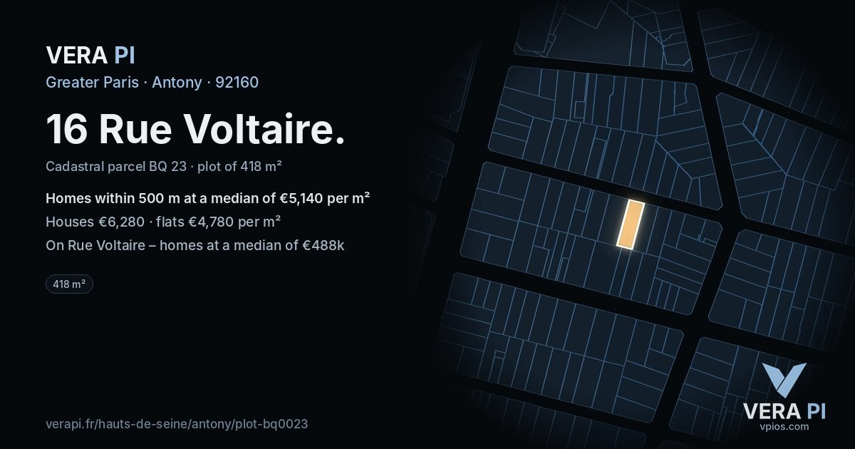 16 Rue Voltaire, Antony at night – the plot lit, the parcels around coloured by the prices near them