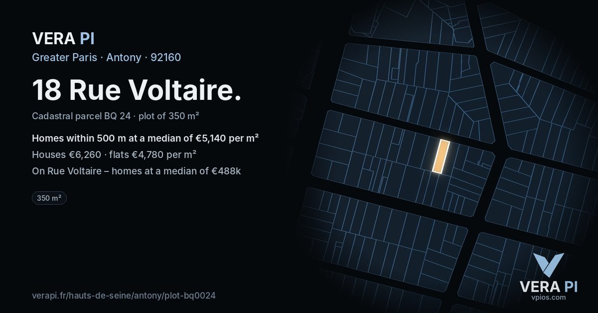 18 Rue Voltaire, Antony at night – the plot lit, the parcels around coloured by the prices near them