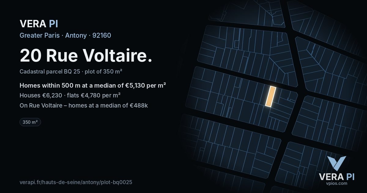 20 Rue Voltaire, Antony at night – the plot lit, the parcels around coloured by the prices near them