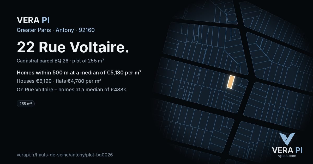 22 Rue Voltaire, Antony at night – the plot lit, the parcels around coloured by the prices near them