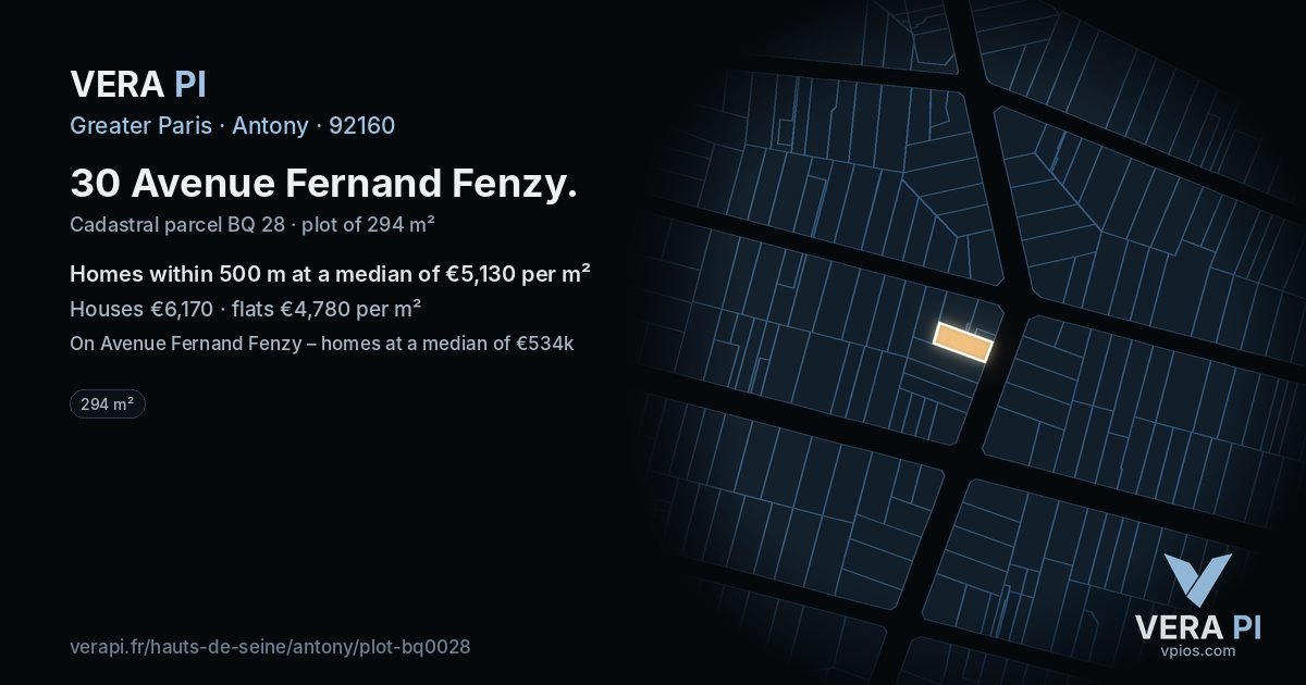 30 Avenue Fernand Fenzy, Antony at night – the plot lit, the parcels around coloured by the prices near them