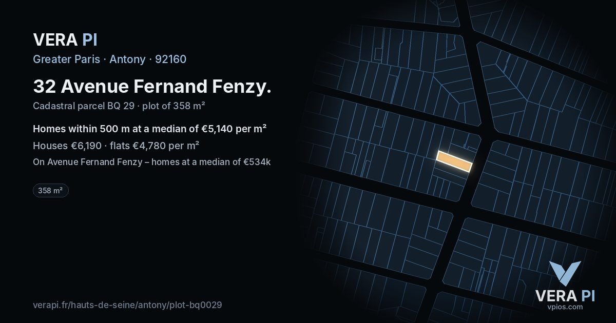 32 Avenue Fernand Fenzy, Antony at night – the plot lit, the parcels around coloured by the prices near them