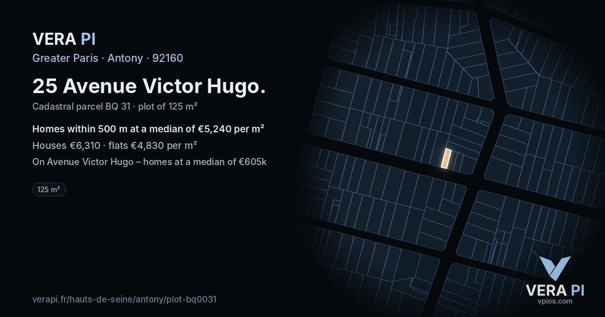25 Avenue Victor Hugo, Antony at night – the plot lit, the parcels around coloured by the prices near them