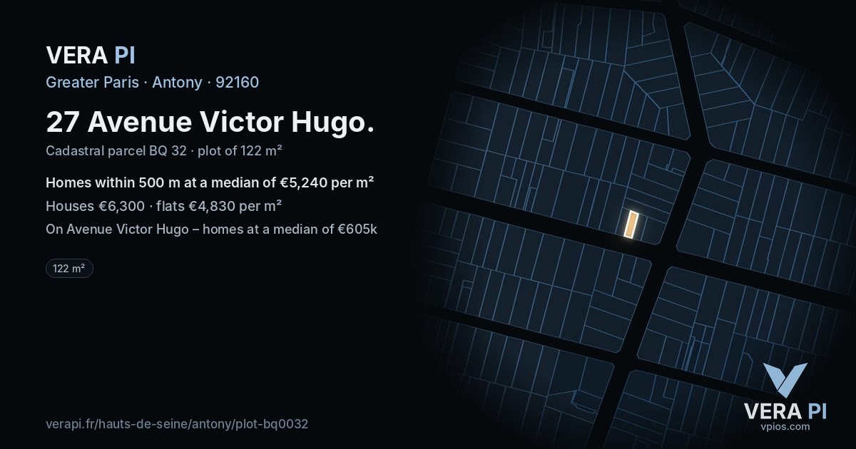 27 Avenue Victor Hugo, Antony at night – the plot lit, the parcels around coloured by the prices near them