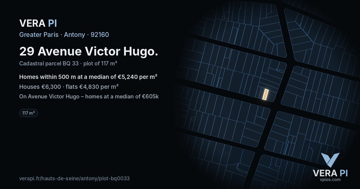 29 Avenue Victor Hugo, Antony at night – the plot lit, the parcels around coloured by the prices near them