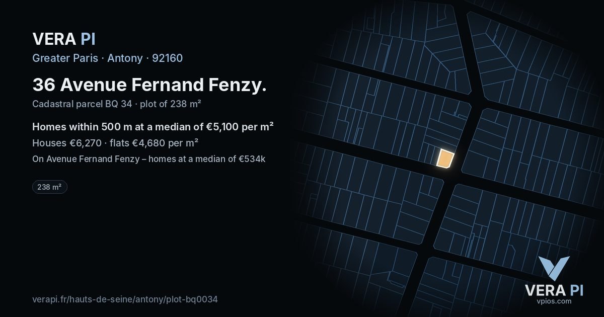 36 Avenue Fernand Fenzy, Antony at night – the plot lit, the parcels around coloured by the prices near them