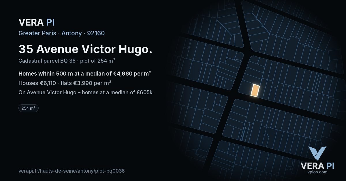 35 Avenue Victor Hugo, Antony at night – the plot lit, the parcels around coloured by the prices near them
