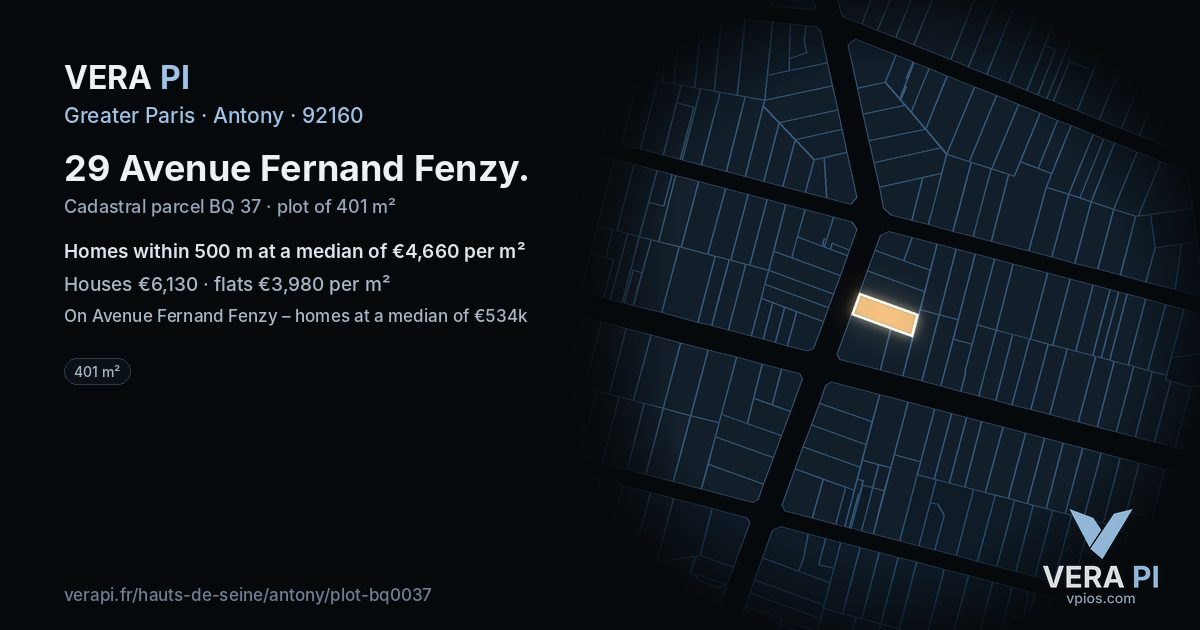 29 Avenue Fernand Fenzy, Antony at night – the plot lit, the parcels around coloured by the prices near them