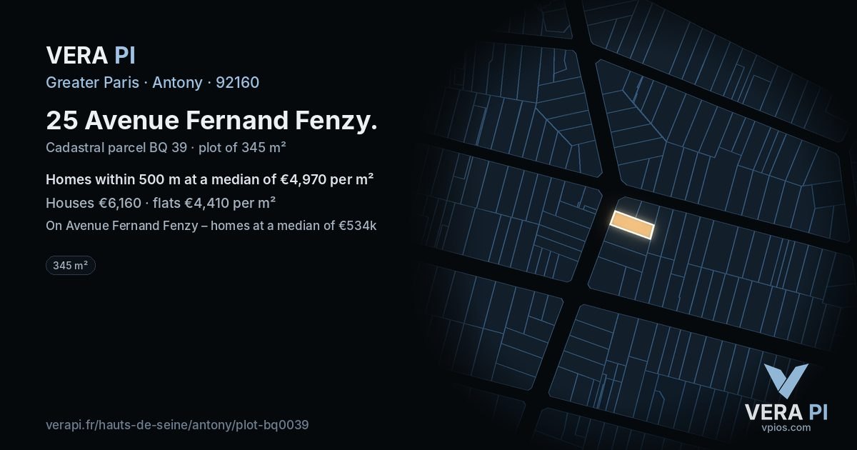 25 Avenue Fernand Fenzy, Antony at night – the plot lit, the parcels around coloured by the prices near them