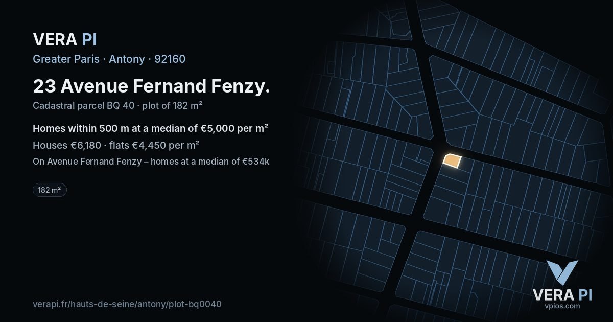 23 Avenue Fernand Fenzy, Antony at night – the plot lit, the parcels around coloured by the prices near them