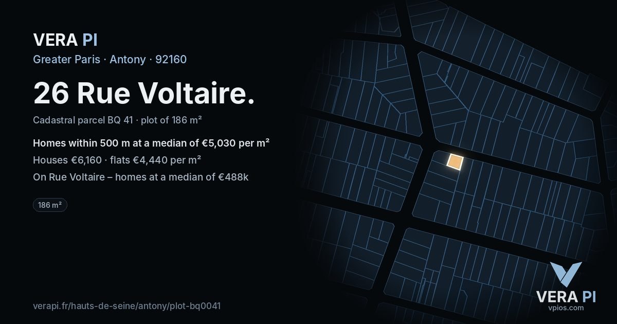 26 Rue Voltaire, Antony at night – the plot lit, the parcels around coloured by the prices near them