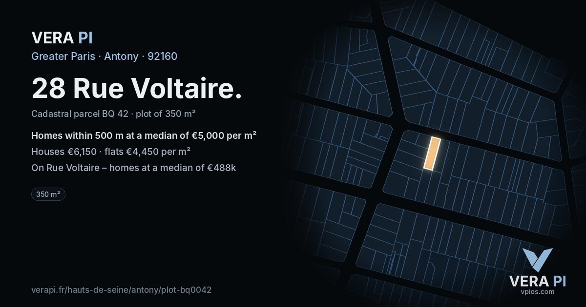 28 Rue Voltaire, Antony at night – the plot lit, the parcels around coloured by the prices near them