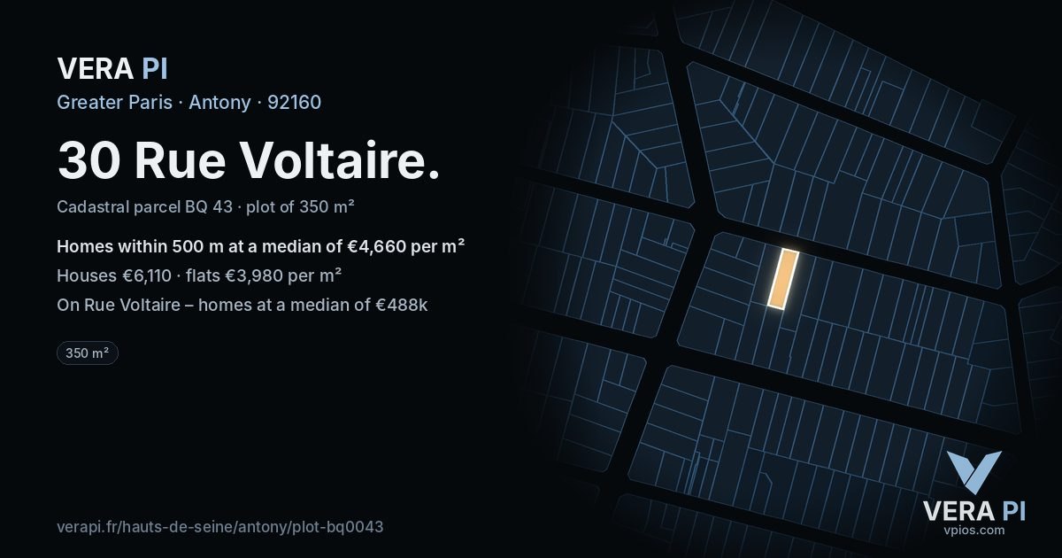 30 Rue Voltaire, Antony at night – the plot lit, the parcels around coloured by the prices near them