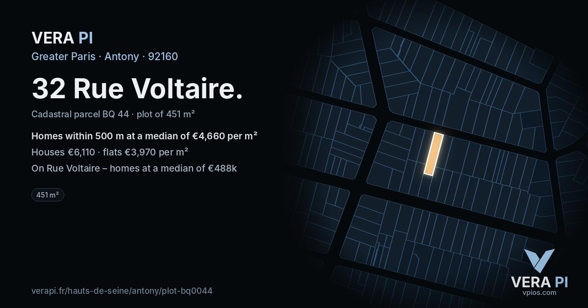 32 Rue Voltaire, Antony at night – the plot lit, the parcels around coloured by the prices near them