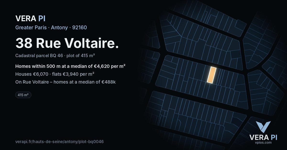 38 Rue Voltaire, Antony at night – the plot lit, the parcels around coloured by the prices near them