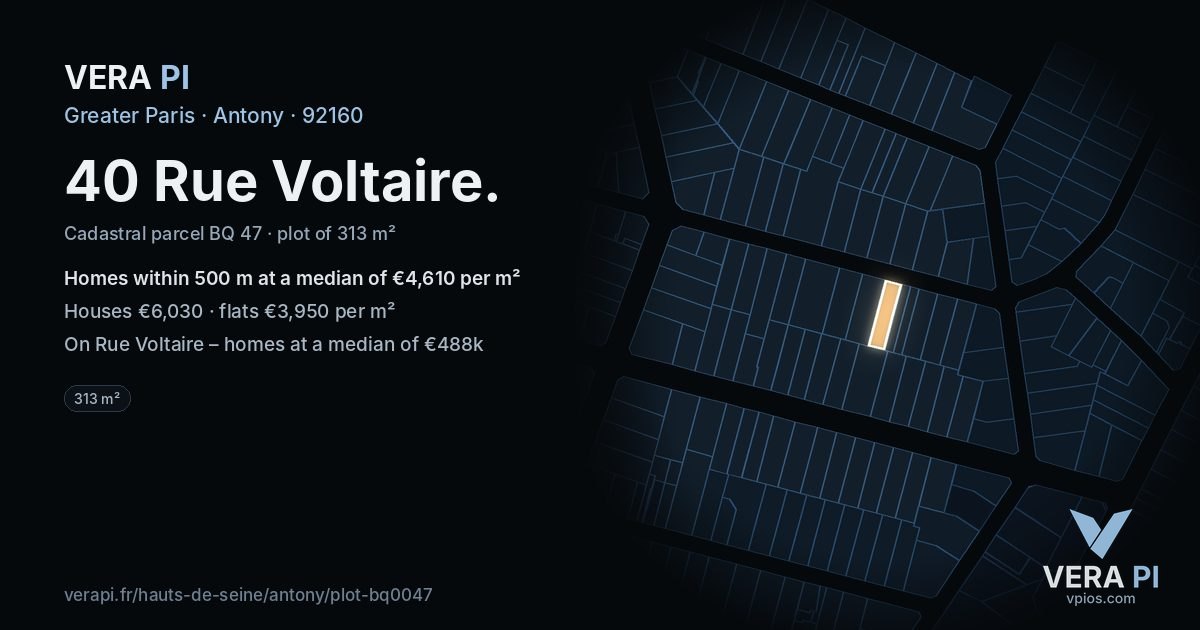 40 Rue Voltaire, Antony at night – the plot lit, the parcels around coloured by the prices near them