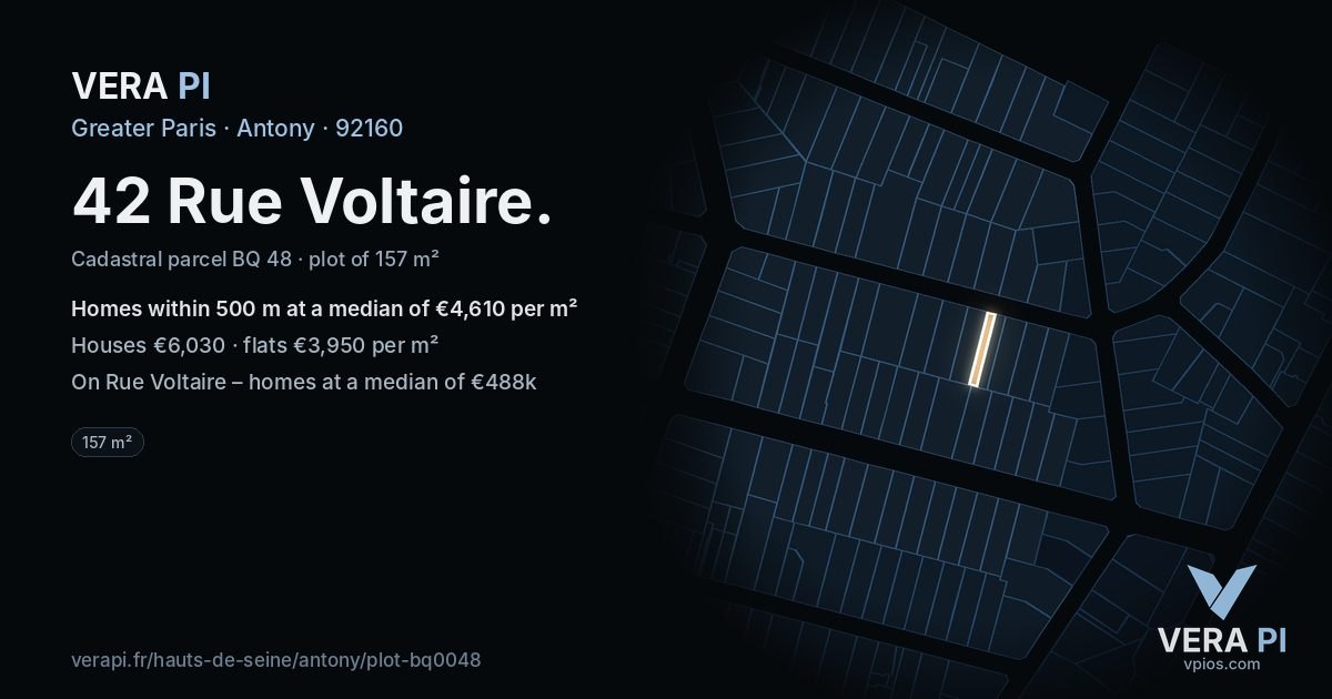 42 Rue Voltaire, Antony at night – the plot lit, the parcels around coloured by the prices near them