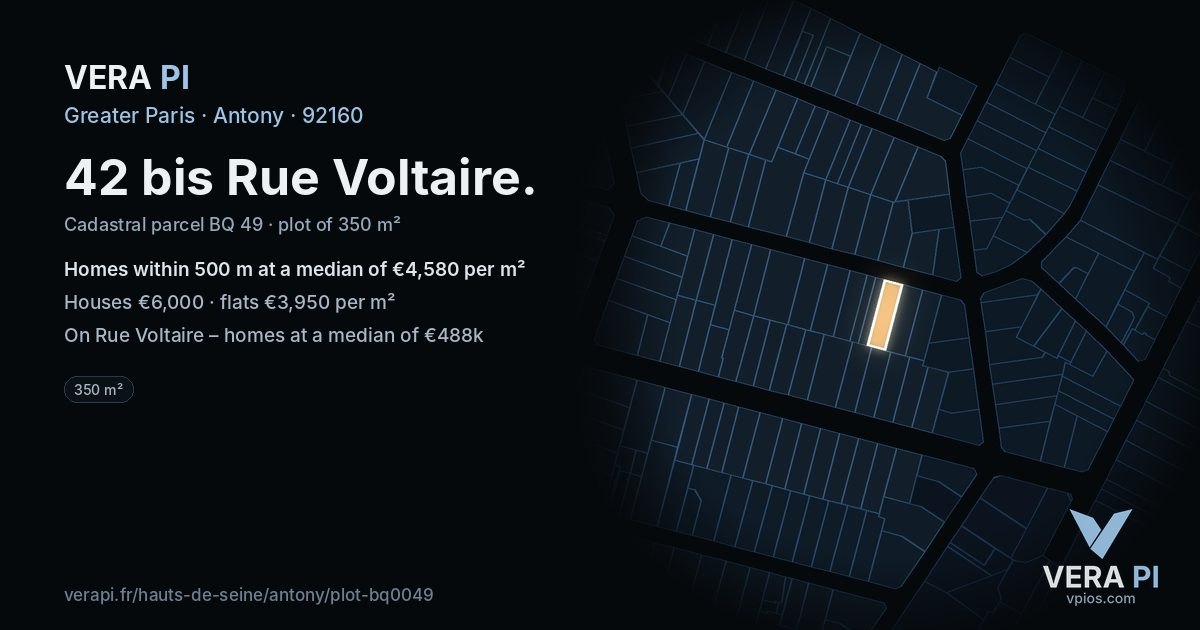 42 bis Rue Voltaire, Antony at night – the plot lit, the parcels around coloured by the prices near them