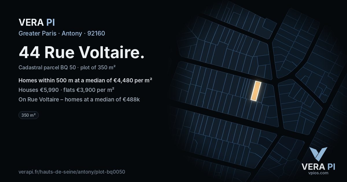 44 Rue Voltaire, Antony at night – the plot lit, the parcels around coloured by the prices near them