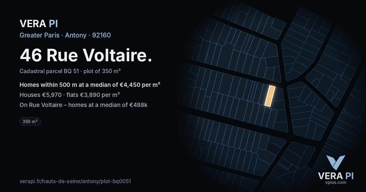 46 Rue Voltaire, Antony at night – the plot lit, the parcels around coloured by the prices near them