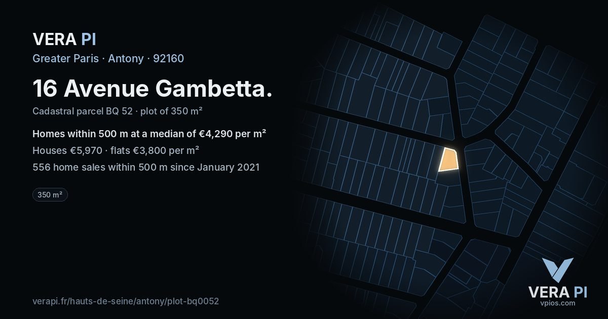 16 Avenue Gambetta, Antony at night – the plot lit, the parcels around coloured by the prices near them