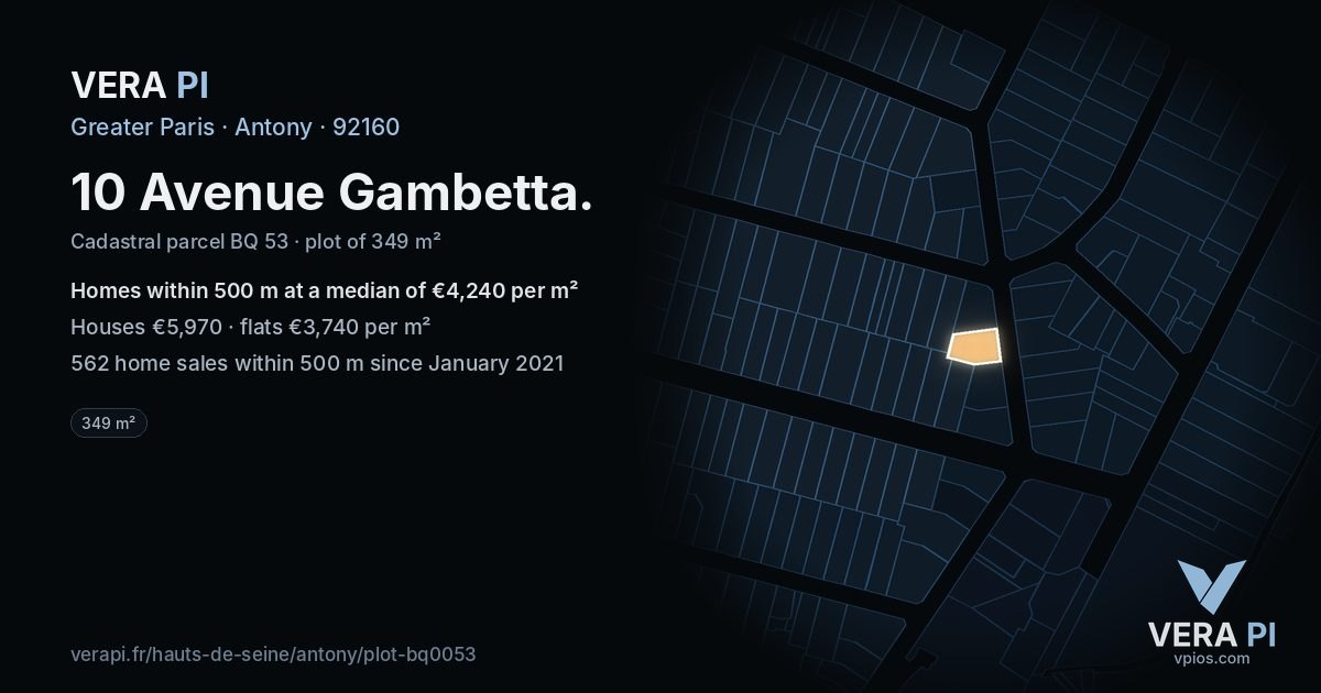 10 Avenue Gambetta, Antony at night – the plot lit, the parcels around coloured by the prices near them