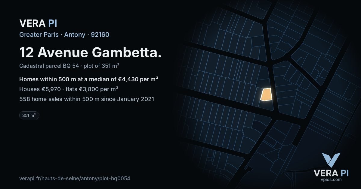 12 Avenue Gambetta, Antony at night – the plot lit, the parcels around coloured by the prices near them