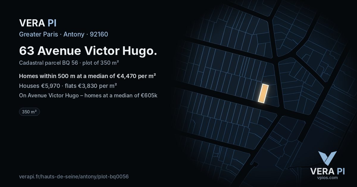 63 Avenue Victor Hugo, Antony at night – the plot lit, the parcels around coloured by the prices near them